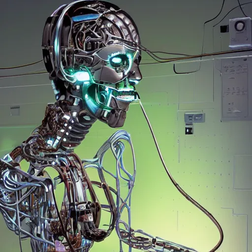 Image similar to the torso of fully a mechanical terminator lady with borg implants, human face and robotic snakes coming out of her head is hanging from cables and wires off the ceiling of an abandoned computer lab and plugged into a quantum computer. Her bottom half is missing with cables hanging out. She is taking a sip from a cup of coffee. Tiny green led lights in her cybernetics. very detailed 8k. Steampunk horror style.