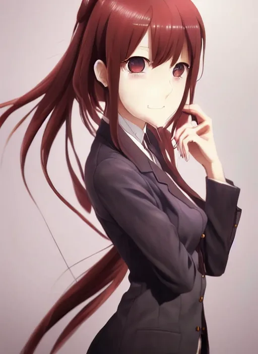 Prompt: 3 / 4 view of a portrait of cute makise kurisu from steins gate, confident pose, pixie, elegant, sharp focus, illustration, highly detailed, concept art, matte, trending on artstation, anime, art by wlop and artgerm and greg rutkowski, ilya kuvshinov, strong strokes, photo of