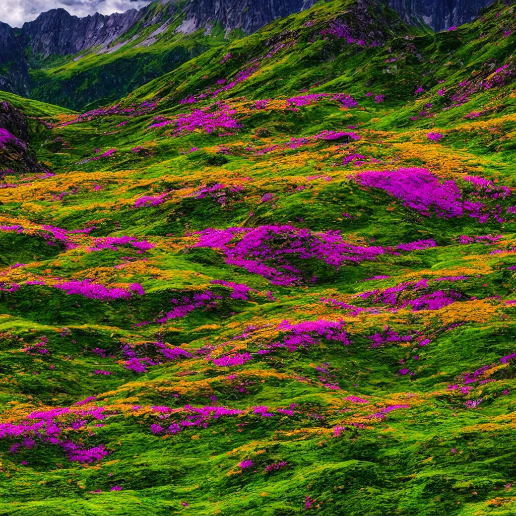 Image similar to valley of flowers with high and small monoliths, humans, renaissance, film grain, high detailed,
