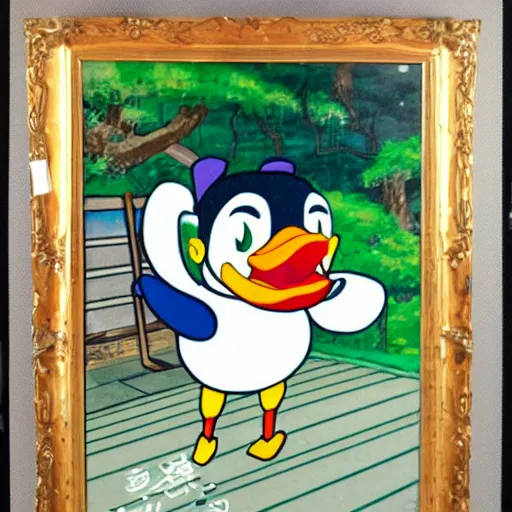 Prompt: Japanese anime style painting depicting an anthropomorphic duck dressed in a school uniform running to school while eating a piece of toast.