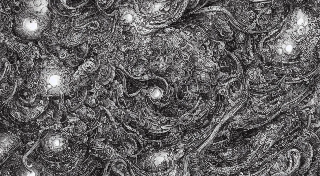 Image similar to junji ito, smooth paper with detailed line work, Mandelbulb, Exquisite detail perfect symmetrical, silver details, hyper detailed, bold intricate ink illustration, smooth textures, steampunk, smoke, neon lights, starry sky, steampunk city, liquid polished metal