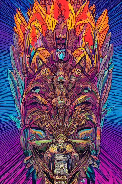 Image similar to totem animal mask tribal feather gemstone plant wood rock shaman vodoo video game vector illustration vivid multicolor borderlands comics by josan gonzales and dan mumford radiating a glowing aura