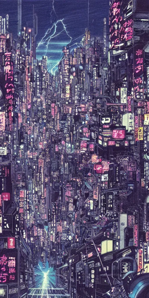 Image similar to beautiful and detailed anime drawing of an GHOST IN THE SHELL-like cyberpunk city landscape with light trail from a motorcycle at the bottom and a bridge silhouette at the top, japan at night, 1980s, by Katsuhiro Otomo and mamoru oshii, wide angle, worm\'s eye view, grand, clean, colorful