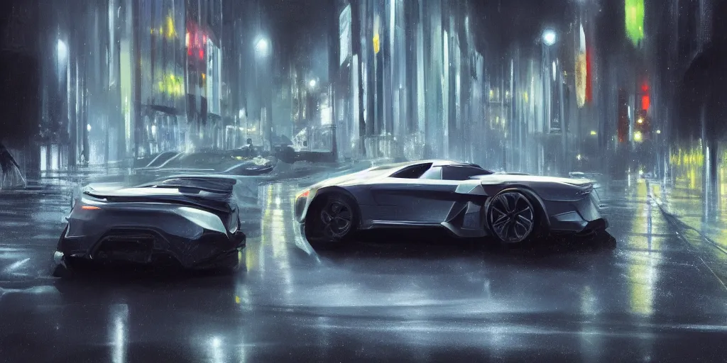 Prompt: full view of a sport car, on wet street at night, painted in dark color holographic pearlescent, elegant, digital painting, concept art, smooth, sharp focus, art style from Wang Ke and Greg Rutkowski and Bruce Kaiser and Scott Robertson and Dmitry Mazurkevich and Doruk Erdem and Jon Sibal