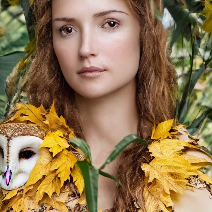 Image similar to portrait photograph of an extremely beautiful!!!! young female , symmetric face!, symmetric round detailed eyes!!, slight smile, natural light, wearing a yellow kimono!! with a very detailed barn owl! on her shoulder in a tropical greenhouse. looking at the camera!!. golden crown made of golden leaves. super resolution. Extremely detailed. Graflex camera!, bokeh!!!!! trending on artstation.