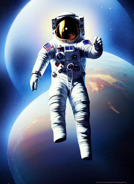 Prompt: astronaut in the style of stefan kostic, realistic, full body shot, wide angle, sharp focus, 8 k high definition, insanely detailed, intricate, elegant, art by stanley lau and artgerm, floating embers