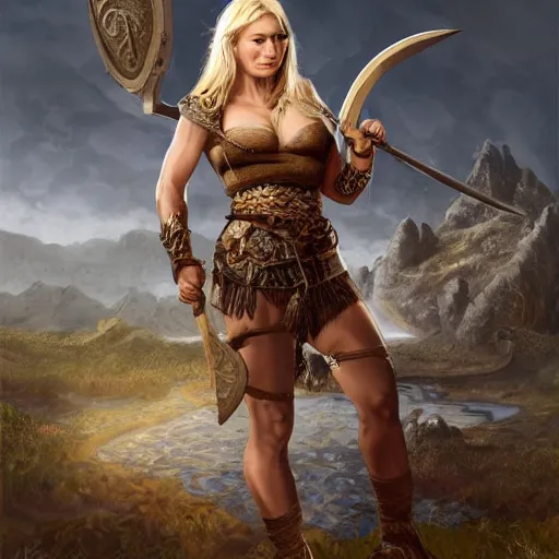 Prompt: an ultradetailed portrait of a beautiful and tough looking blonde viking woman, carrying a large axe above her head, fantasy, intricate, elegant, highly sharp focus, illustration, digital painting, smiling playfully, burning village in the background, night time raid, 8 k, artstation, fine detail, art by frank frazetta