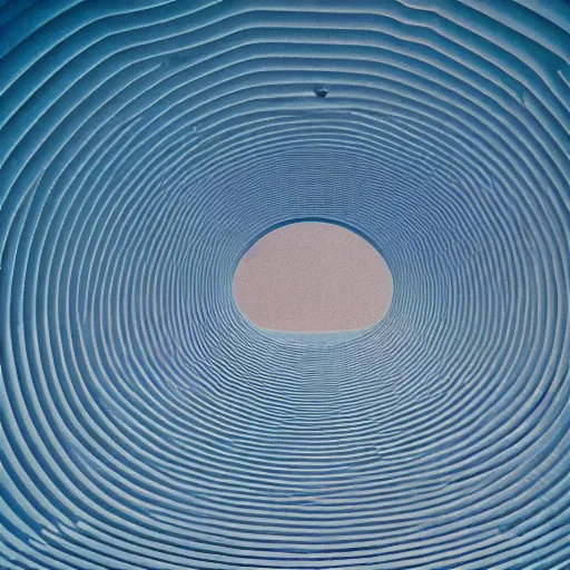Prompt: a photo taken from inside a massive circular Non-Euclidean clay building sitting in the desert, repeating patterns, vintage photo, beautiful cinematography, blue sky, film grain, symmetrical, James Turrell