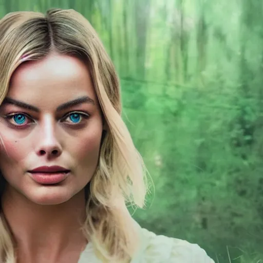 Image similar to double exposure photoshop effect of margot robbie and nature, highly detailed