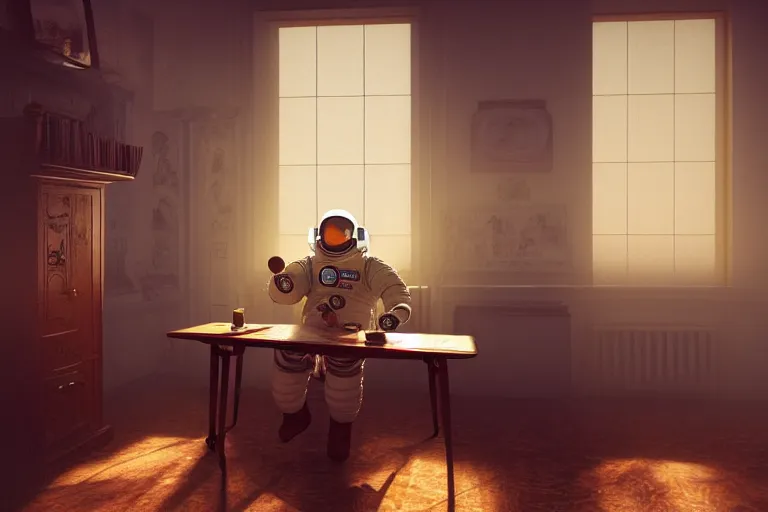 Image similar to a single cosmonaut in a spacesuit drinks a steaming cup of tea at an old wooden desk in a richly decorated Victorian house. the autumn light comes in through a window and dimly illuminates the room, diffuse light, octane render