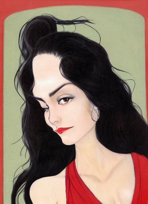 Image similar to a portrait of the most beautiful woman in the world with long black hair that extends past her waist with locks of hair that frame her face down to her chin and shows off her high forehead, dark brown eyes with long, voluminous eyelashes and pale skin, narrow waist and very large chest, wearing a revealing red V-neck blouse a loose sarong with the green symbol of the Kuja adorned on it, along with a white cape sporting epaulettes more commonly found on the jackets of high-ranking Marines, and red high heel pumps, pink hearts in the background , romantic themed, beautiful face, intricate, highly detailed, digital painting, artstation, concept art, smooth, sharp focus, illustration