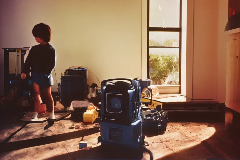 Image similar to backlit photograph of black box pouring energy into suburban room, crisp focus, 3 5 mm ektachrome