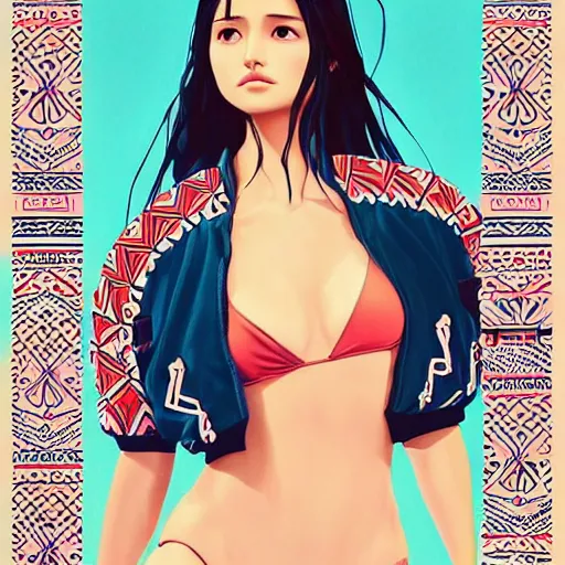 Image similar to a beautiful young japanese natalie portman alluring gravure model, stylized concept art, wearing elegant designer bomber jacket and one piece bikini, bomber jacket with mesoamerican patterns, mesoamerican native street fashion, princess mononoke, painted by ilya kuvshinov aesthetic, gorgeous, stunning, alluring, attractive, artstation, pinterest, digital art