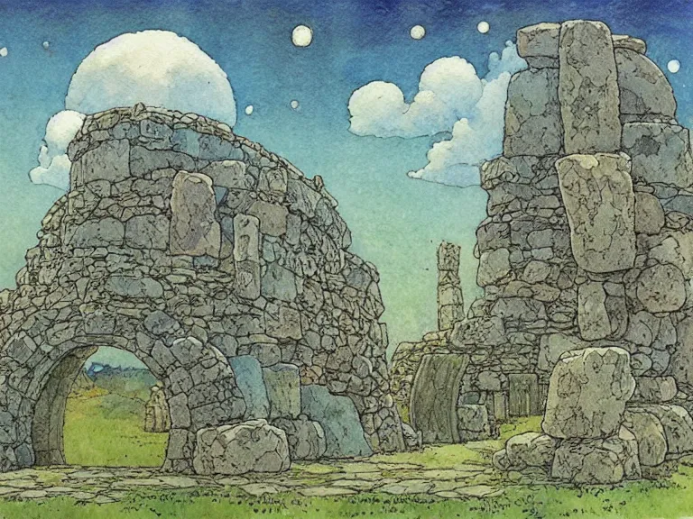 Prompt: hyperrealist studio ghibli watercolor fantasy concept art of an immense earthship solar home sitting on stonehenge like a stool. it is a misty starry night. by rebecca guay, michael kaluta, charles vess