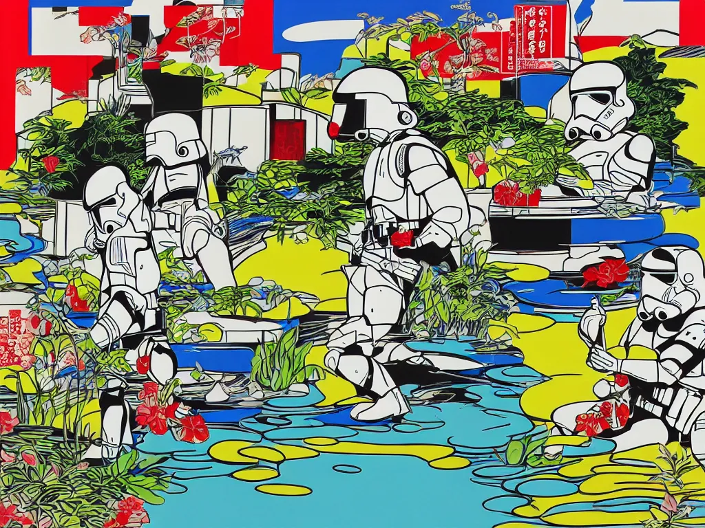 Image similar to detailed composition of the japanese home with a garden and a pond, 2 stormtroopers sitting around it, pop - art style, jacky tsai style, andy warhol style, roy lichtenstein style, rich palette, acrylic on canvas