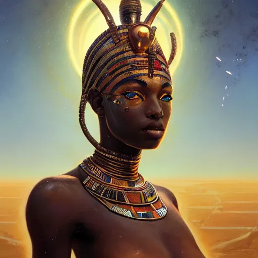 Image similar to highly detailed portrait of an african egyptian goddess, intricate alien technology, stephen bliss, unreal engine, fantasy art by greg rutkowski, loish, rhads, ferdinand knab, makoto shinkai and lois van baarle, ilya kuvshinov, rossdraws, tom bagshaw, global illumination, radiant light, detailed and intricate environment