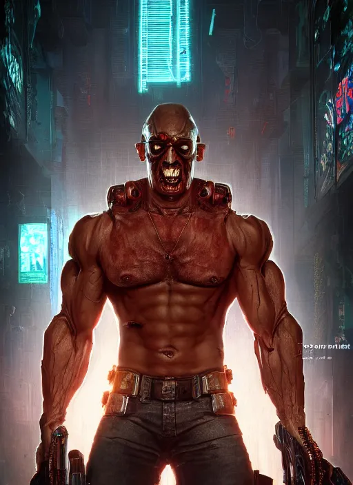 Image similar to cyberpunk portrait of muscular demon from doom 3, au naturel, hyper detailed, digital art, trending in artstation, cinematic lighting, studio quality, smooth render, unreal engine 5 rendered, octane rendered, art style by pixar dreamworks warner bros disney red dead redemption far cry doom cyberpunk 2 0 7 7 riot games and overwatch.