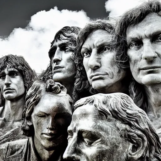 Image similar to composition of roger waters, syd barret and david gilmore visiting the eastern island statues, realistic, hdr, hdd, 8 k,