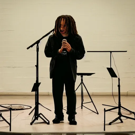 Image similar to cinematic still of Trippie Redd preaching at a Baptist Church in Rural Tennessee, close up, shallow depth of field, cinematic