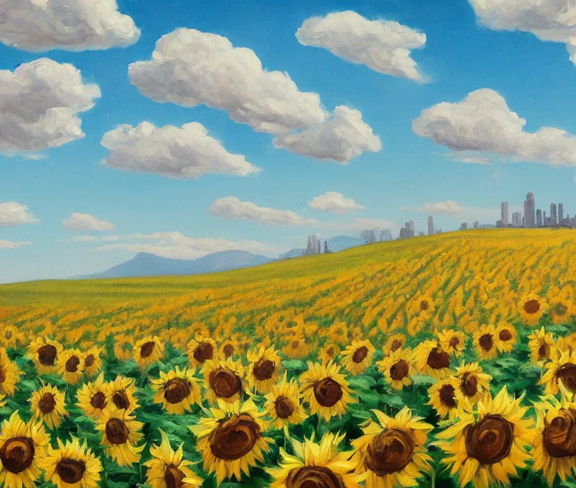 Image similar to a very detailed painting of a sunflower field, baby blue sky with very aesthetic stylized clouds, there is a city with futuristic buildings in the back, there are blue mountains in the back, in the style of edward hopper and hugo pondz, very fine brushstrokes, 4 k,