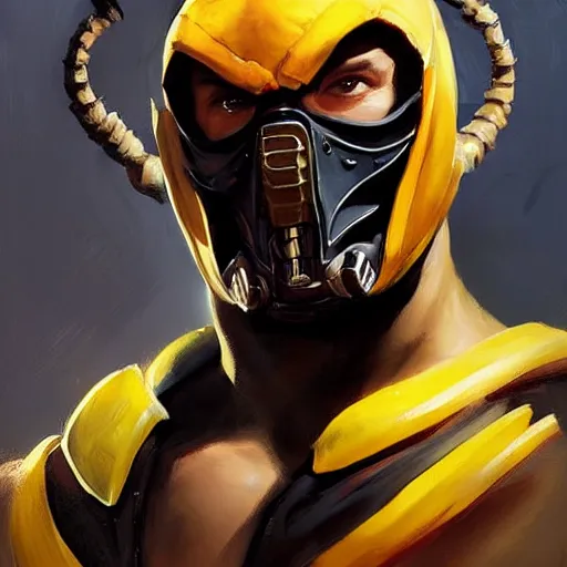 Image similar to greg manchess portrait painting of scorpion from mortal kombat as overwatch character, medium shot, asymmetrical, profile picture, organic painting, sunny day, matte painting, bold shapes, hard edges, street art, trending on artstation, by huang guangjian and gil elvgren and sachin teng