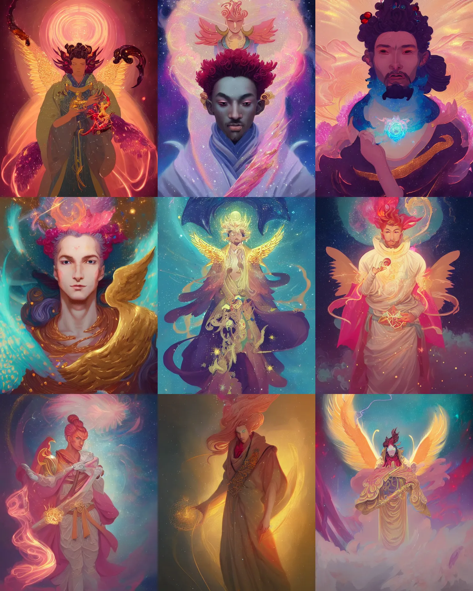 Prompt: a character portrait of only one male angel with golden fiery wings, surrounded with spiriling sparkling rose crystals and galaxies, by peter mohrbacher, hyper light drifter, ukiyo - e trending on artstation