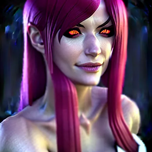 Image similar to Katarina from League of Legends, photorealistic studio portrait, studio lighting, unreal engine 5, hyperrealistic, dynamic lighting, white ambient background, realistic, highly detailed