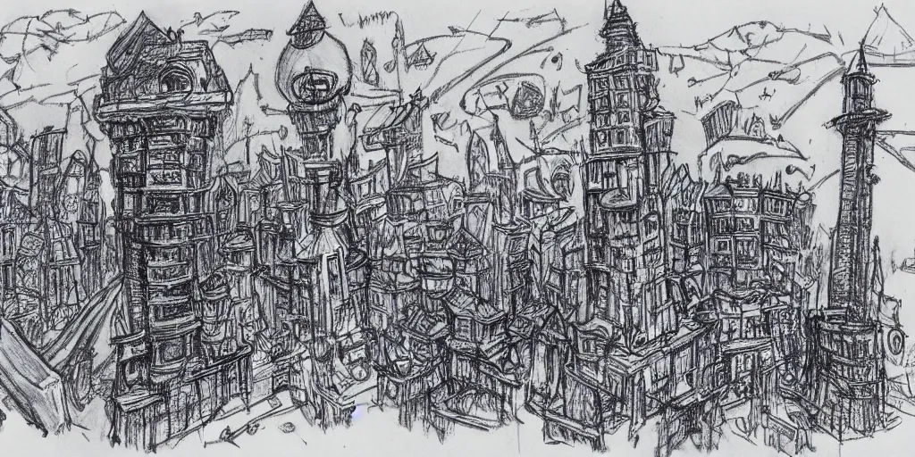 Prompt: Blue ballpoint pen drawing of a concept art of a stone town in orbit around a tower with amazing details by Maurice Sendak.