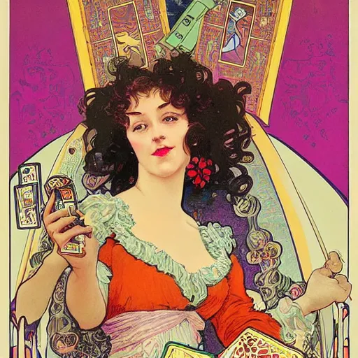 Image similar to vintage poster of Caucasian fortune teller lady with curly hair, a spread of tarot cards on a table, cats on her side, in a colorful tent, Alphonse Mucha,