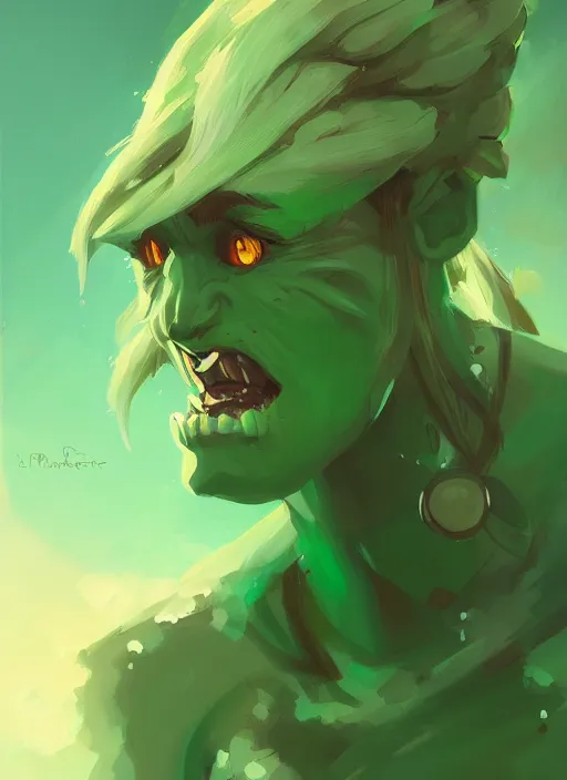 Image similar to green orc female, light green tone beautiful face by krenz cushart, anton fadeev