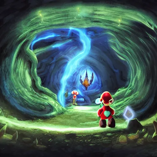 Prompt: the abyss, cave portal entrance into the Mushroom Kingdom, super mario theme, fantasy artwork, award winning, very very very very beautiful scenery, artstation