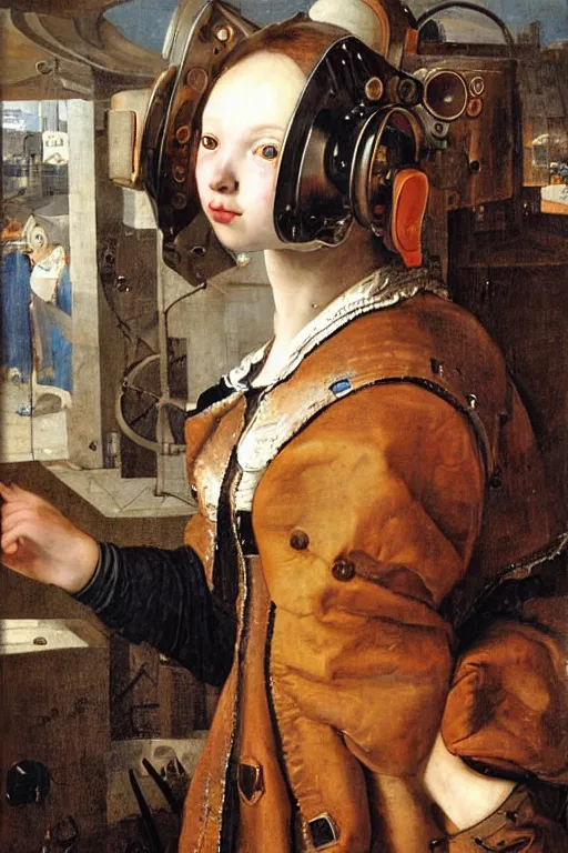 Image similar to a close - up portrait of a cyberpunk cyborg girl, by jan steen, rule of thirds