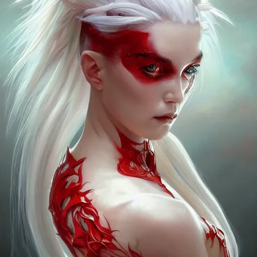 Image similar to ultra realistic illustration, dream humanoid demon girl with white hair, red horns, in white clothes, red eyes, intricate, elegant, highly detailed, digital painting, artstation, concept art, smooth, sharp focus, illustration, art by artgerm and greg rutkowski and alphonse mucha