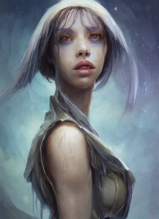 Image similar to a professional painting of a beautiful young female alien, clothed in ethereal armor, olive skin, long dark hair, beautiful bone structure, symmetrical facial features, intricate, elegant, digital painting, concept art, smooth, sharp focus, illustration, from Valerian and the City of a Thousand Planets, by Ruan Jia and Mandy Jurgens and Artgerm and William-Adolphe Bouguerea