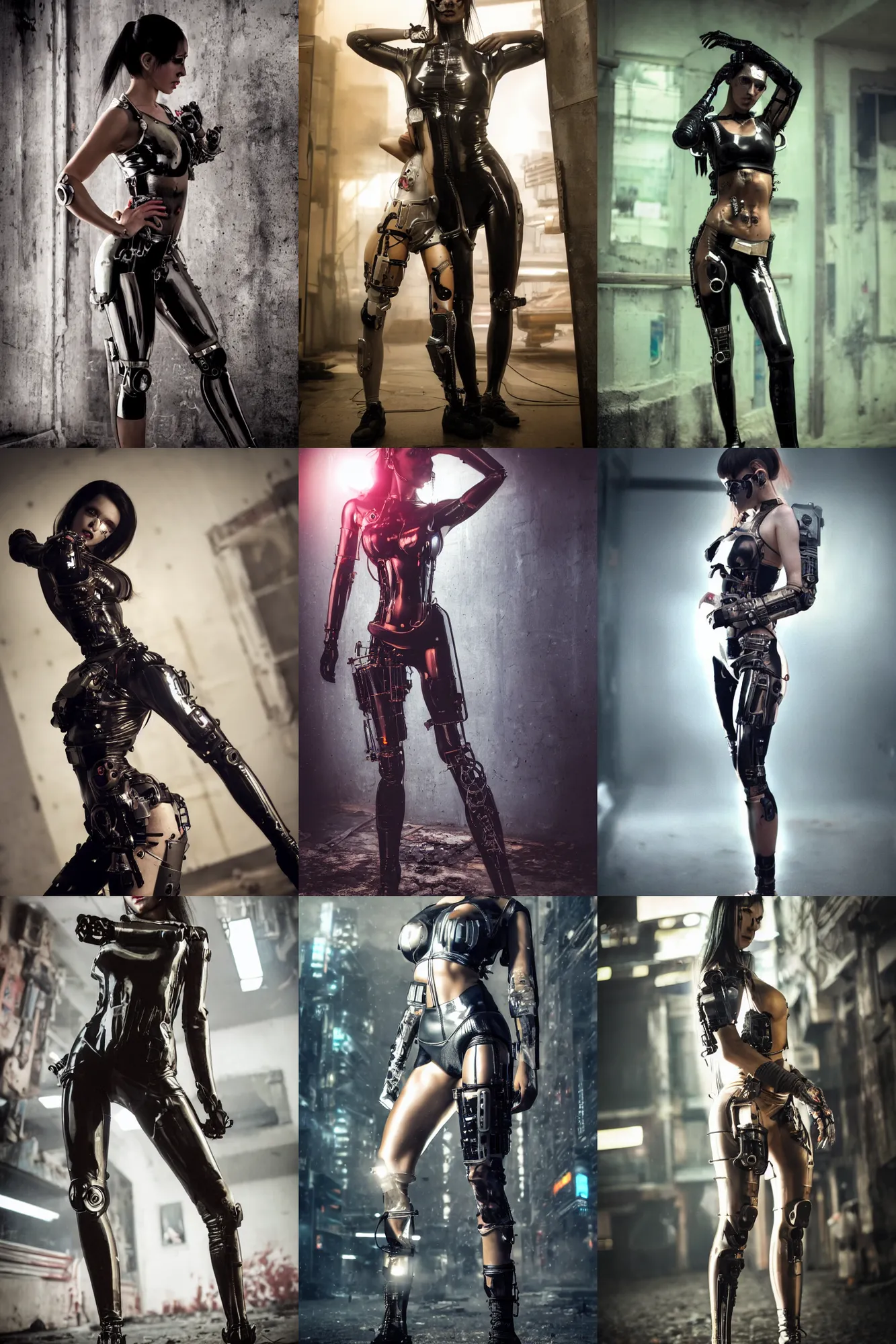 Prompt: photography of a dirty female cyborg Cyberpunk with fitness marked body like Briinic model small waist with human face, dressed with Shiny latex and plastic strech clothes, ultra-realistic, cinematic, dark inside ambient, dust, Blade Runner movies, postapoc, soft lighting, hyper-realistic