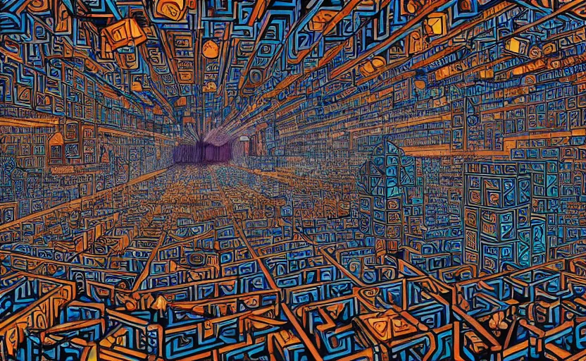 Image similar to interior of an elaborate labyrinth of runic cubes, endless intricate maze - like runes, sharp high detail anime background, masterpiece by satoshi kon, crystal cubism, greeble, tesseract, darksynth, high definition