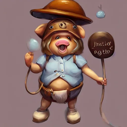 Image similar to cute little anthropomorphic funny female pig wearing shorts, a sunhat, boots and a pale blue shirt!! tiny!! fully clothed!!! small, short, cute and adorable, character art portrait, matte fantasy painting, deviantart artstation, by jason felix by steve argyle by tyler jacobson by peter mohrbacher, cinema