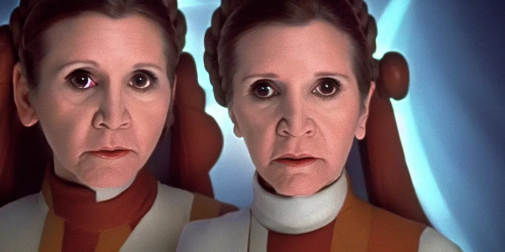 Image similar to a full color still of Carrie Fisher as Leia Organa as a regal Senator in the Galactic Senate talking to an alien, cinematic lighting, 1999, directed by Steven Spielberg, 35mm