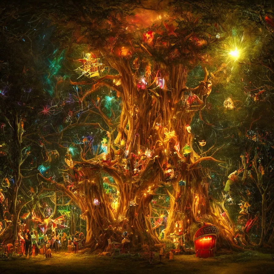 Image similar to closeup of a night carnival inside a tree cavity in a magical forest in the middle of a summer storm, with a music scenario with many fireworks and christmas lights, volumetric lightning, instense god rays in the sky, folklore people disguised with fantastic creatures in a magical forest by summer night, masterpiece painted by robert hubert, scene by dark night environment, refraction lights,