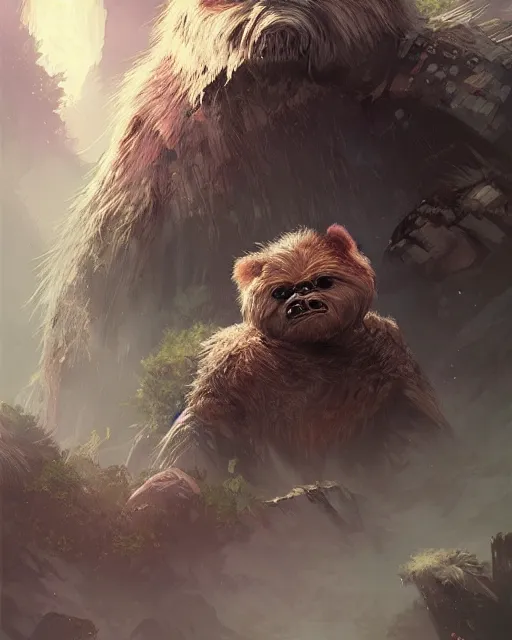 Image similar to mysterious legendary ewok, beautiful illustration, abstract, scifi, atmosphere, top lighting, focused, artstation, highly detailed, art by yuhong ding and chengwei pan and serafleur and ina wong