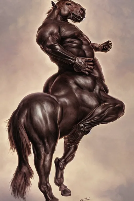 Prompt: portrait of hulking anthro horse whose physique is bursting with muscle, leather catsuit, test subject, monstrous, full body, sci - fi, highly detailed, digital painting, artstation, concept art, sharp focus, illustration, art by artgerm and greg rutkowski and alphonse mucha