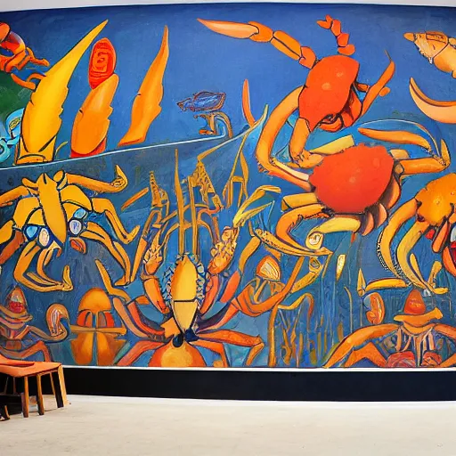 Image similar to mural of a crab revolution in the style of diego rivera