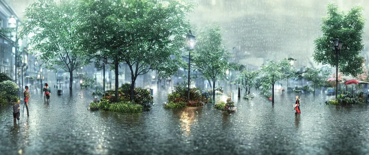 Image similar to raining at night at flooded miniature city, emotion is on the rise on the town, cute style garden, octane render, trees, evergreen, patio, garden, wet atmosphere, tender, soft light misty yoshitaka amano, and artgerm