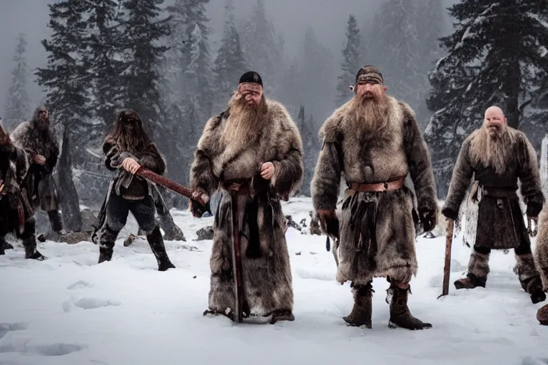 Image similar to vfx movie tough bald man in furs, natural grizzled skin, streaks of red face paint grey beard, dual wielding detailed viking war axes, in snowy tahoe by emmanuel lubezki