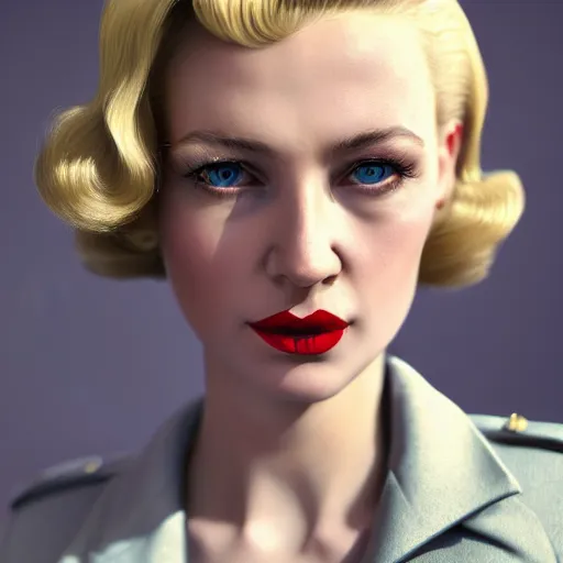 Image similar to A Hearts of Iron IV portrait of a blonde German actress with high cheekbones. Dressed in 1940s style. Highly detailed, fine Art, high detail, great lighting, 8k resolution, masterpiece, concept art, illustration, clear eyes, painting oil on canvas, octane render, HDR, trending on artstation, 4k, 8k, HD