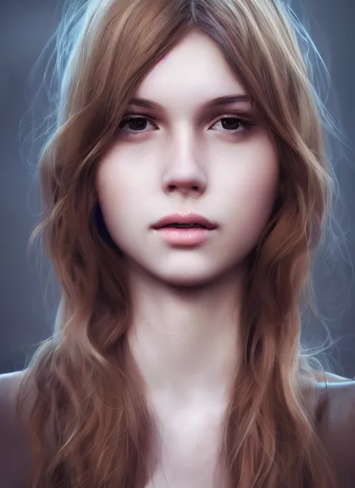 Image similar to a realistic photo portrait of beautiful 👧 with soft 👀 fashion modeling pose, full body, like a professional model, face by WLOP, body by Alex Flores, face symmetry, style of Dan Luvisi, and Charlie Bowater, artstation, rendered, cinematic color grading, muted colors, soft light, rule of thirds, cinematic