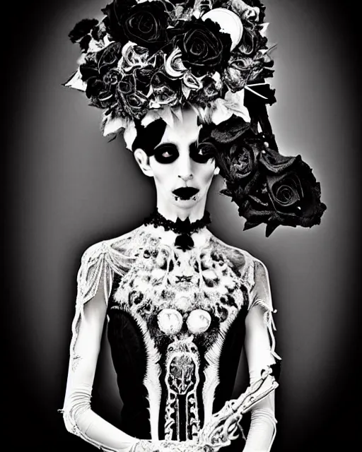 Image similar to dark surreal poetic black and white photo of a beautiful young silver bio-mechanical-female-vegetal-cyborg with a very long neck and a super big gothic lace collar and a very high big floral crown with many black dry roses by Vivienne Westwood:: smoke, high fashion, haute couture, rococo, avant-garde, silver filigree details, anatomical, facial muscles, cable wires, microchip, elegant, dreamy, foggy atmosphere, hyper realistic, 150 mm lens, soft rim light, octane render, unreal engine, picture was taken in 1910 by Man Ray, volumetric lighting, dramatic light,8k,