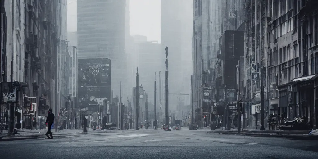 Image similar to city street, a person in center frame, future retro, cinematic, atmospheric, blue and grey tones, cinematography by greig fraser