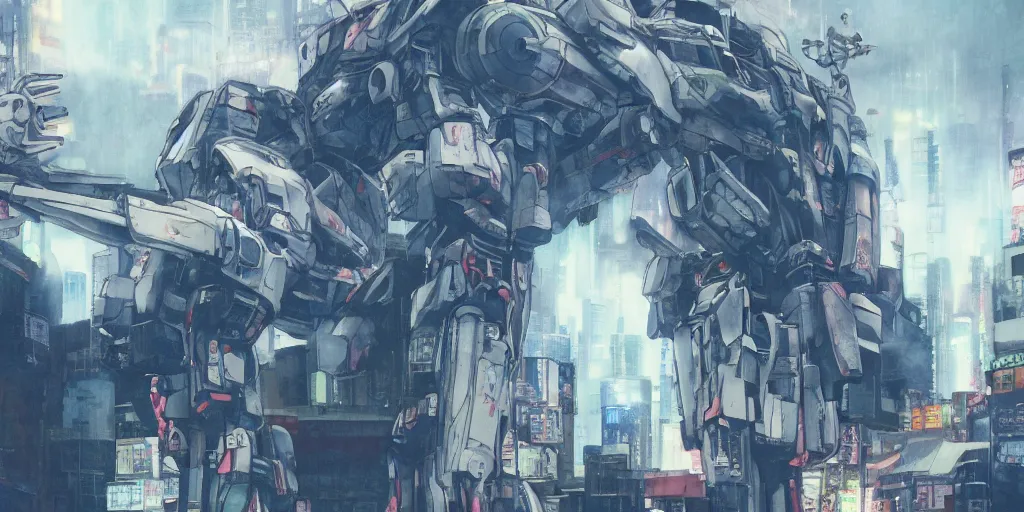 Image similar to a giant robot mecha lies broken in a deserted shinjuku junk town, anime, watercolor, ghost in the shell, soft bloom lighting, paper texture, movie scene, cyberpunk, animatronic, black smoke, pale, beige sky pencil marks, hd, 4k, remaster, dynamic camera angle, deep 3 point perspective, fish eye, dynamic scene