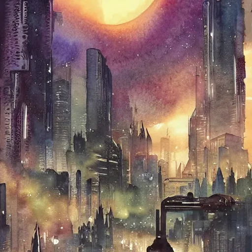 Image similar to Beautiful happy sci-fi city in harmony with nature. Nice colour scheme, soft warm colour. Beautiful detailed watercolor by Lurid. (2022)